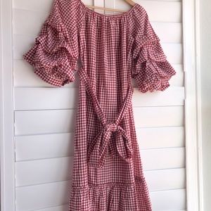 Red and white plaid dress with puffy sleeves